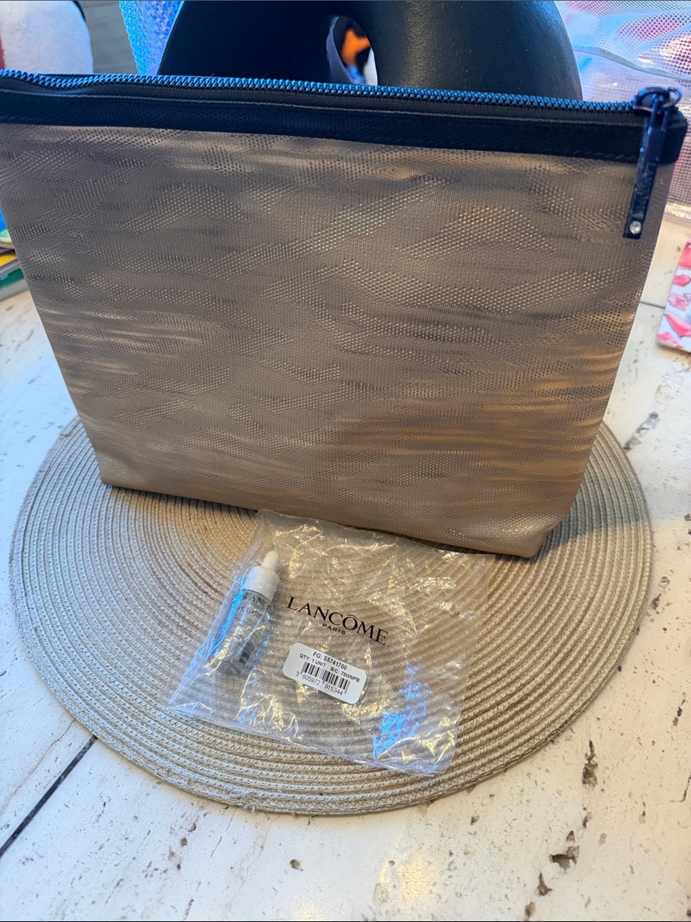 Lancome Metallic Gold Cosmetic Pouch Black Zipper Trim & Clarifique Solution New